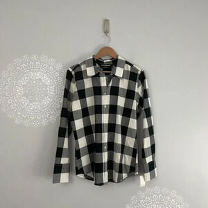 Norma Kamali Black Buffalo Plaid Casual Fitted Button Down Shirt Size Large